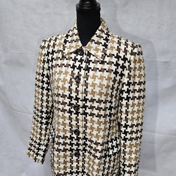 Worthington Vintage Cream Browns Houndstooth Tailored Mini Trench Coat Size 10 - Picture 2 of 9